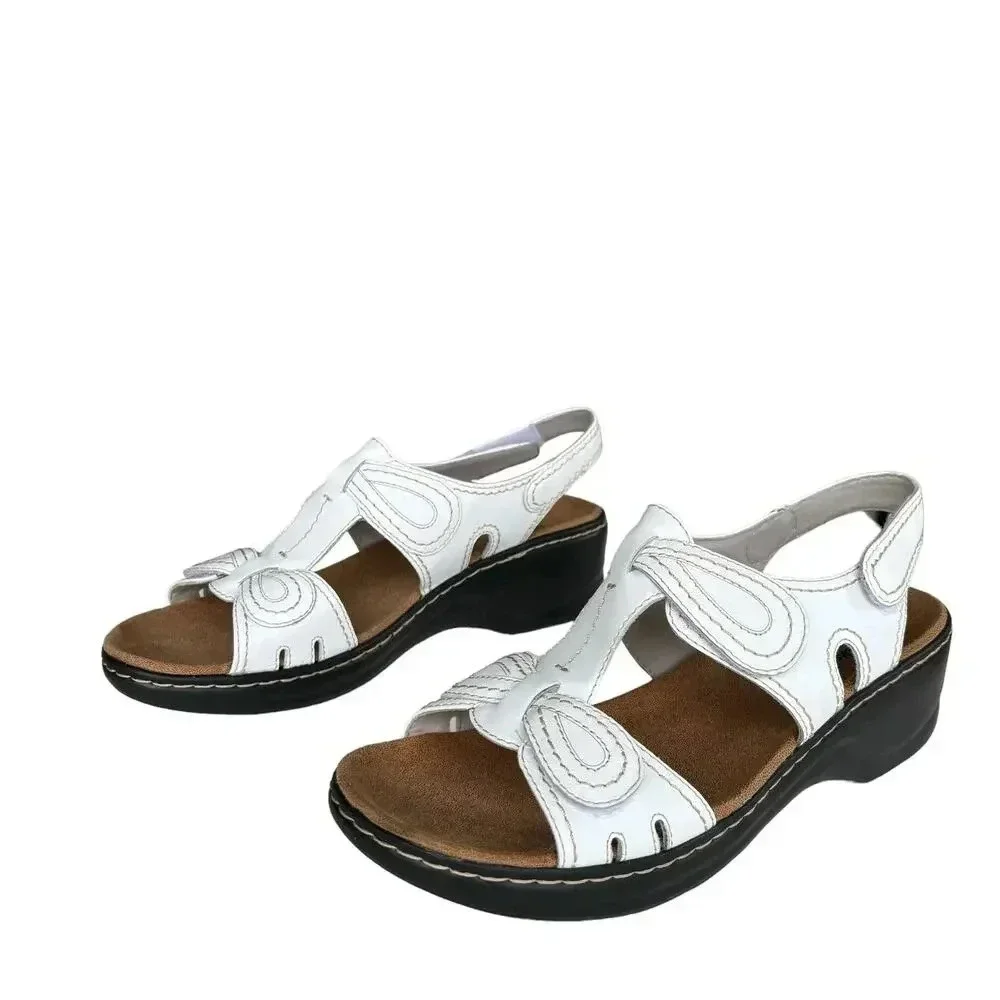 New Clark's Lexi Walnut Q Wedge T-Strap Sandal White Leather Size 11 - Picture 3 of 10
